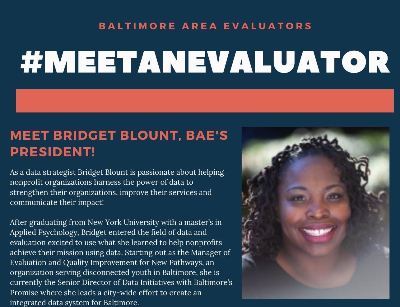 Image card for #MeetAnEvaluator profile of BAE President Bridget Blount.