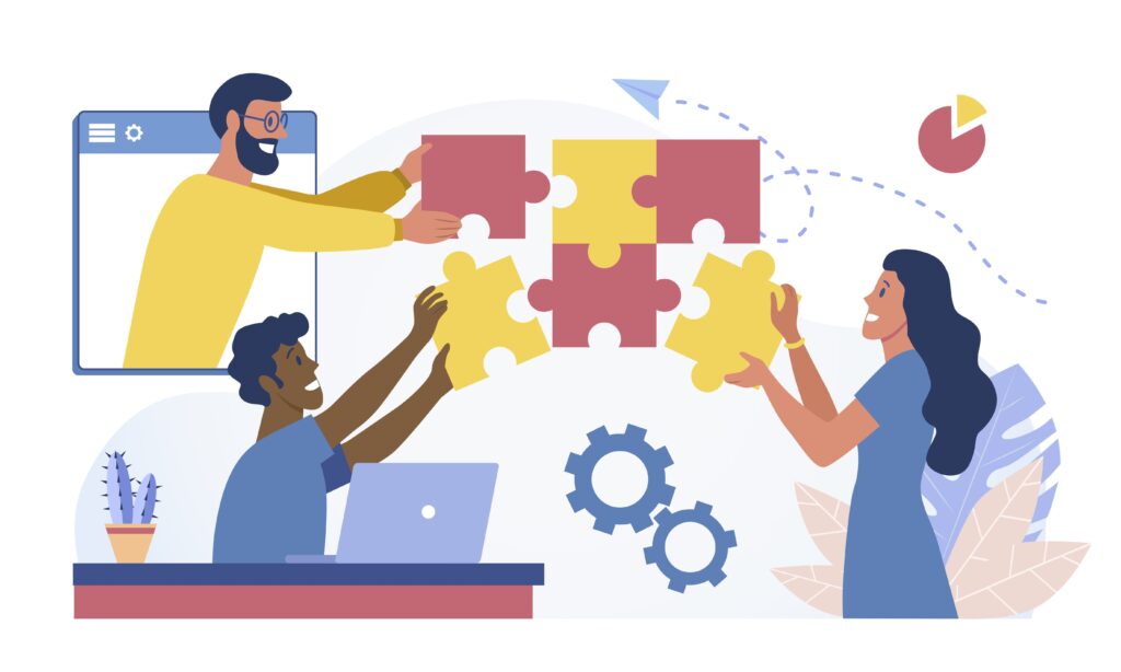 Illustration of three people with different skin tones, seen in an office type setting, putting together a puzzle as a symbol of teamwork.